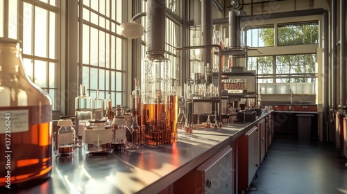 Industrial lab interior, sunlight through large windows, glassware, research