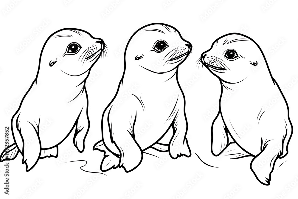 Obraz premium Three young seals looking upward depicted in a black and white outline