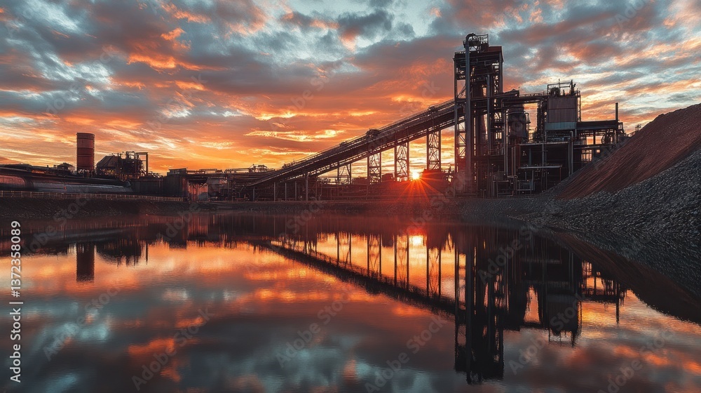 Industrial plant at sunset reflected in calm water