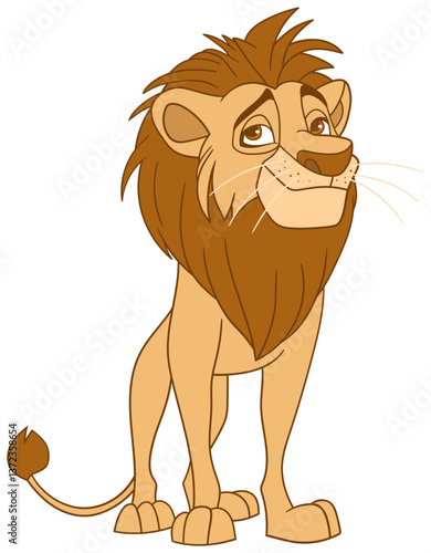 Cartoon depiction of a light brown lion looking slightly upwards, set against a black background in a vibrant, inviting style.