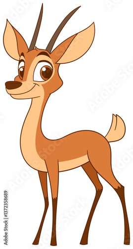 Cartoon stylized illustration of a slender, graceful antelope with brown fur, big eyes, and horns against a stark black background.