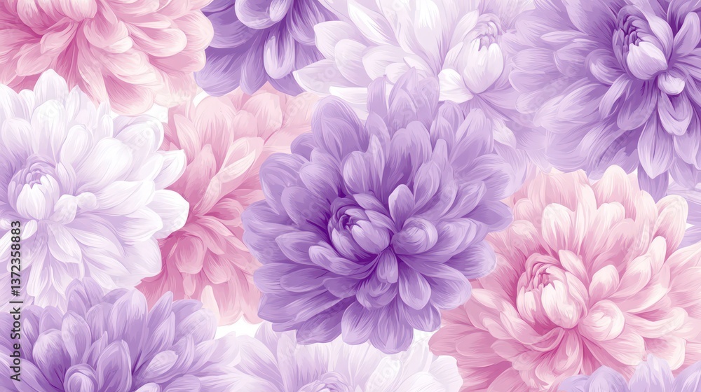 Delicate floral pattern of various shades of pink and purple flowers Delicate floral pattern of various shades of pink and purple flowers