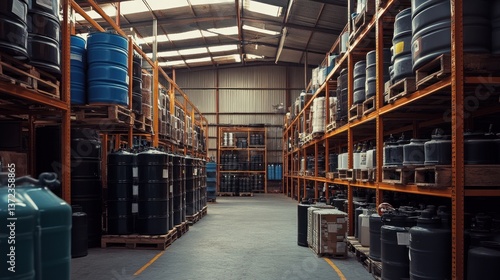 Industrial warehouse interior with stored chemical containers