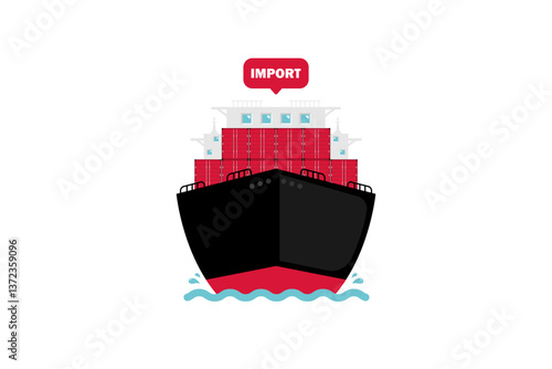 Import products, Cargo ship with containers on isolated background, Vector illustration.