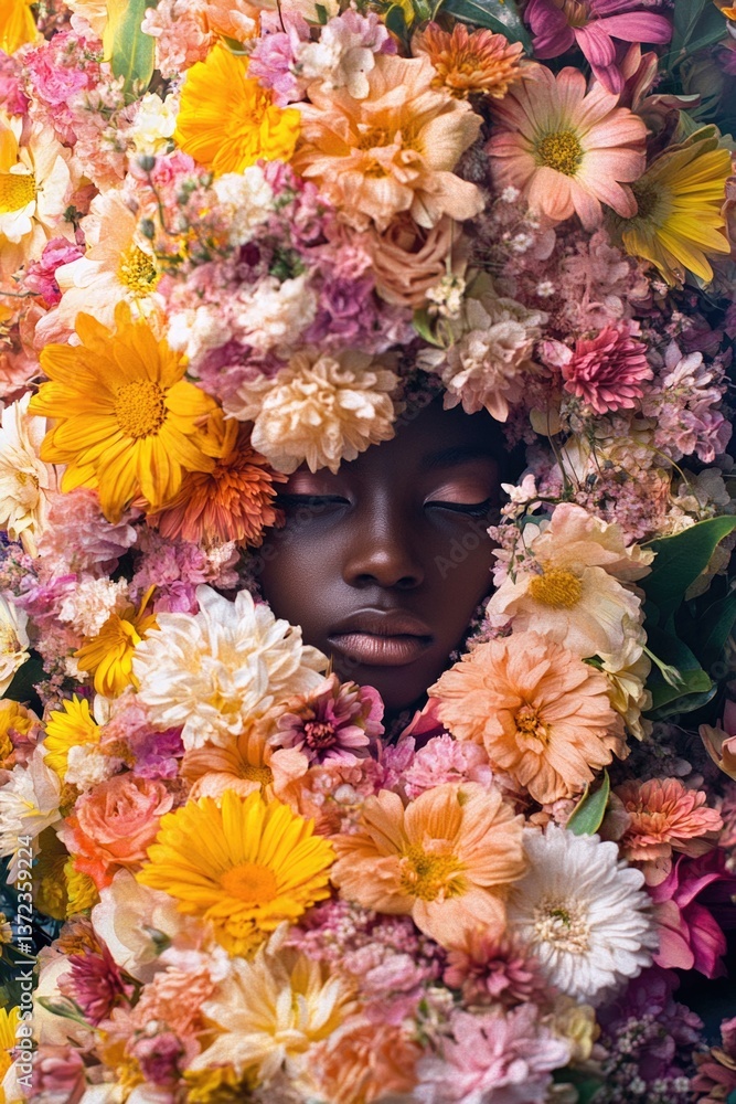 Obraz premium A figure enveloped by colorful blooms, her features hidden and indistinct.