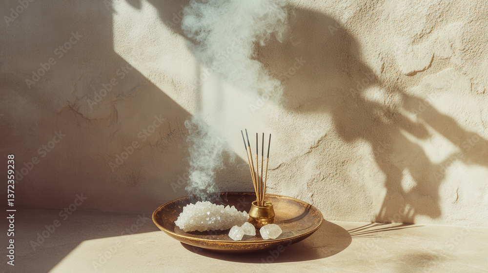 A quiet still life featuring incense and crystals in a bronze plate, caught in a shaft of angled natural light, delicate smoky trails ascending into a soft cream-toned wall