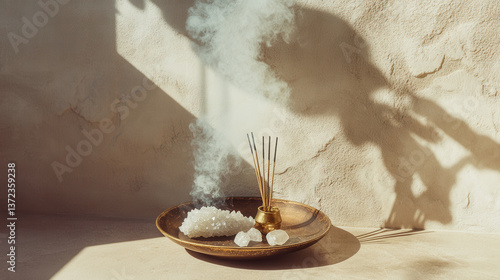 Obraz na płótnie A quiet still life featuring incense and crystals in a bronze plate, caught in a shaft of angled natural light, delicate smoky trails ascending into a soft cream-toned wall w salonie