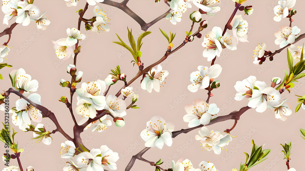 A delicate floral pattern featuring white blossoms on branches against a soft background. A delicate floral pattern featuring white blossoms on branches against a soft background.