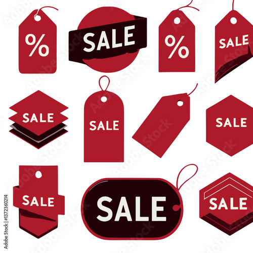 Collection of red and black sale tags and labels with various designs and patterns