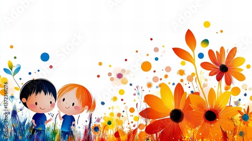 Cartoon children are standing in a field of colorful flowers with a bright white background.