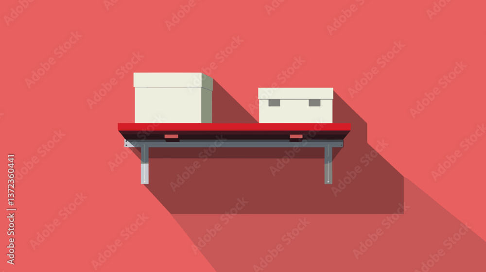 Minimalist shelf with boxes, geometric design, red background, copy space. Minimalist shelf with boxes, geometric design, red background, copy space.