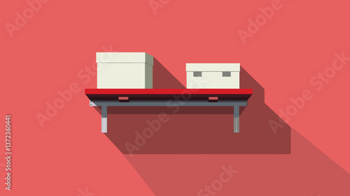 Minimalist shelf with boxes, geometric design, red background, copy space.
