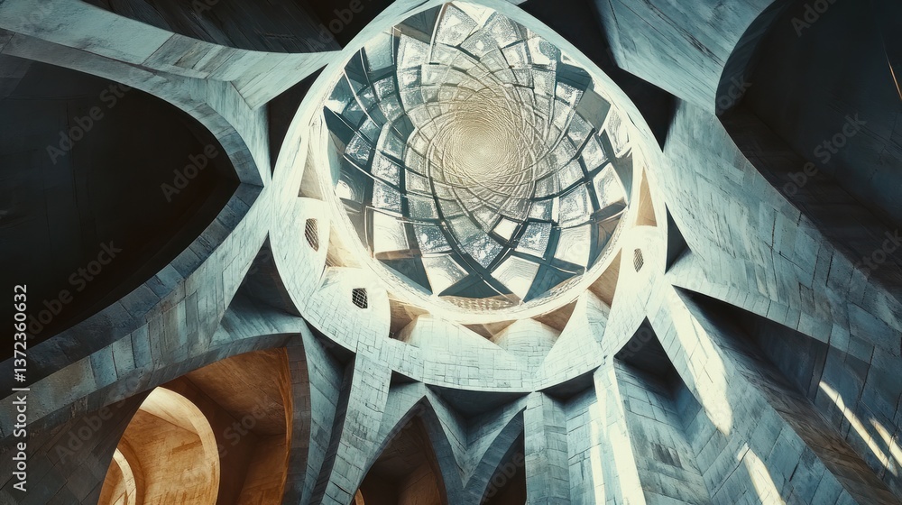 Intricate concrete dome interior, architectural detail, sunlight through design, religious building