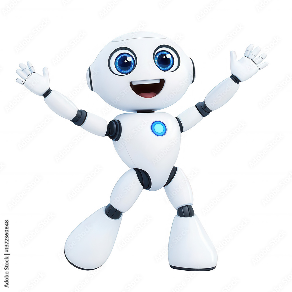 Fototapeta premium A cheerful cartoon robot character with expressive eyes and an inviting pose. Perfect for illustrating themes of innovation, creativity, and technology in various projects.