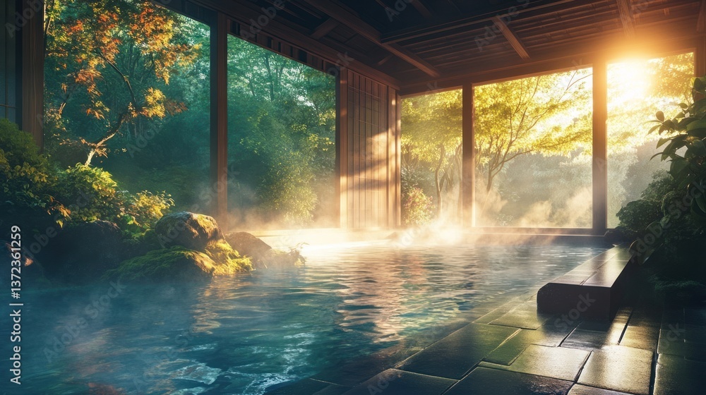 Japanese onsen hot spring with autumn forest view