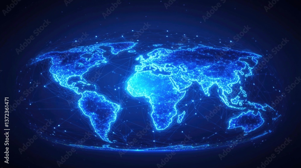 Visual representation of a glowing world map showcasing connectivity across continents and oceans Visual representation of a glowing world map showcasing connectivity across continents and oceans