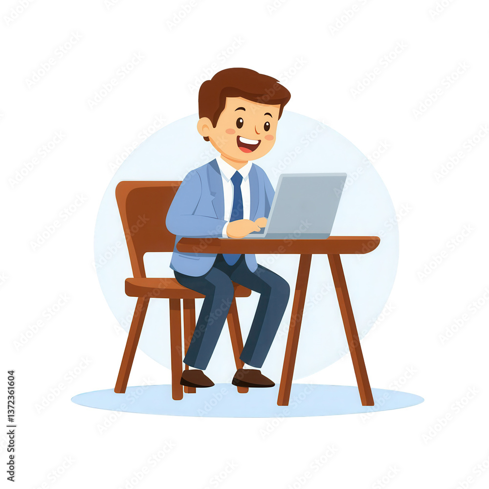 A cheerful young man working on a laptop at a desk, wearing a suit. He is focused and smiling, showcasing a professional lifestyle in a modern office environment. A cheerful young man working on a laptop at a desk, wearing a suit. He is focused and smiling, showcasing a professional lifestyle in a modern office environment.