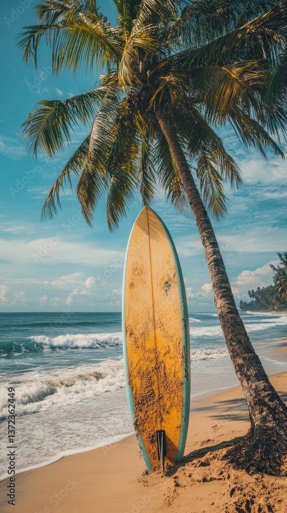 Yellow surf with board on a tropical beach with palm trees and ocean in the background. Perfect for traveling, relaxing and summer vacation. Yellow surf with board on a tropical beach with palm trees and ocean in the background. Perfect for traveling, relaxing and summer vacation.