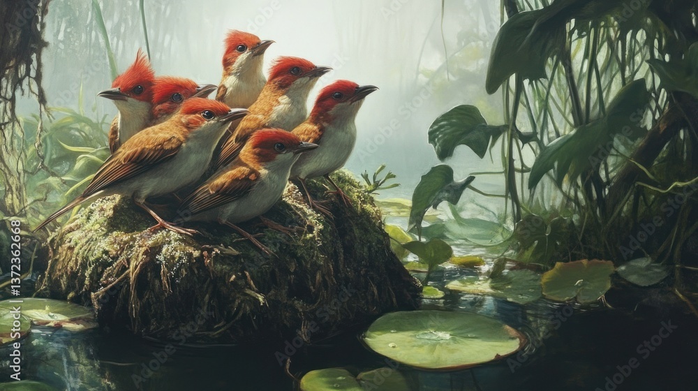 Jungle birds clustered on mossy nest, misty swamp background. Possible use nature wallpaper