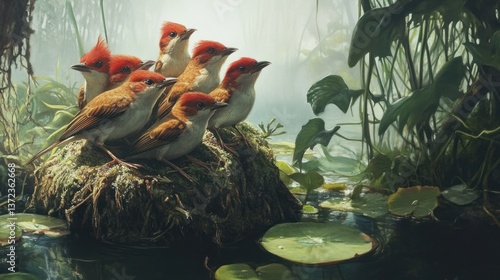 Obraz na płótnie Jungle birds clustered on mossy nest, misty swamp background. Possible use nature wallpaper w salonie
