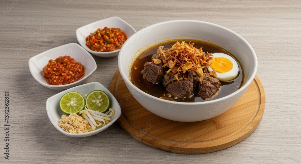 Indonesian Beef Soup, Rawon, with Sambal and Lime Garnish Indonesian Beef Soup, Rawon, with Sambal and Lime Garnish