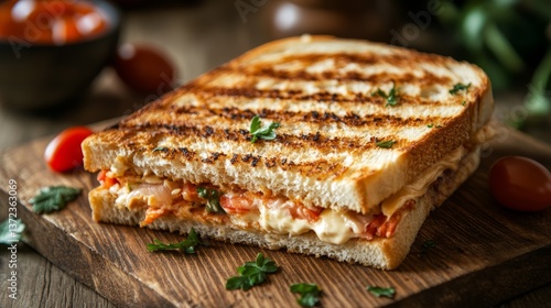 Freshly prepared toasted sandwiches topped with rich mayo spread on a rustic wooden table for a satisfying meal