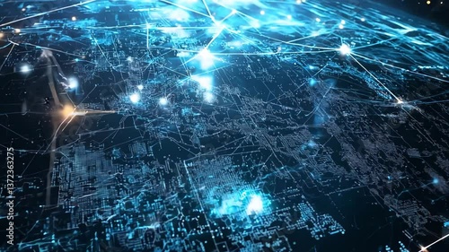 Global network connection and data connections concept. Worldwide links on planet earth at night. Earth in open space and digital web. World communication technology. Blue black background. 4k footage