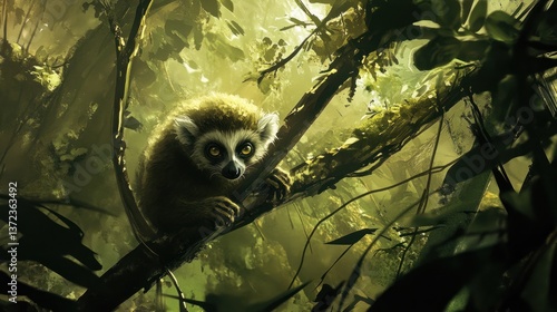 Jungle lemur, sunlight dappled forest, watchful gaze