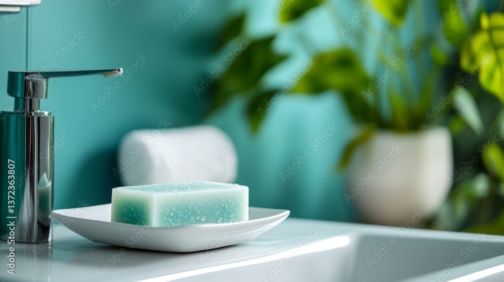 Modern bathroom interior featuring a clean porcelain soap dish with gentle hand soap elegantly displayed Modern bathroom interior featuring a clean porcelain soap dish with gentle hand soap elegantly displayed