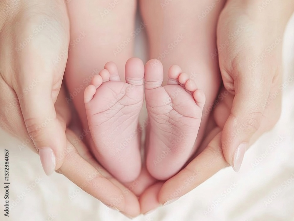 Close-up of a mother's hands holding a baby's feet, in pastel blue colors Close-up of a mother's hands holding a baby's feet, in pastel blue colors