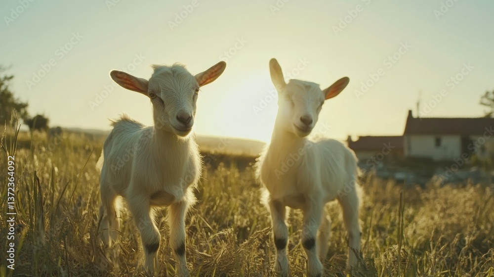 Rustic scene of traditional goat milk production in a rural landscape Rustic scene of traditional goat milk production in a rural landscape