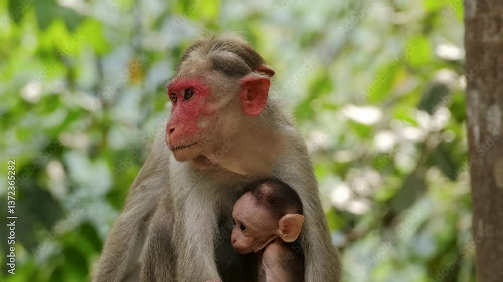 Mother monkey in a forest in india holds her baby close while looking off into the distance Mother monkey in a forest in india holds her baby close while looking off into the distance