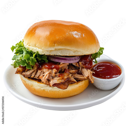Delicious Pulled Pork BBQ Sandwich on Brioche Bun with Lettuce Red Onion and BBQ Sauce