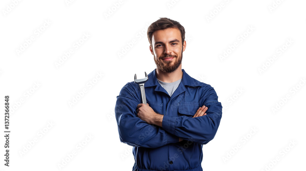 Car mechanic in blue jumpsuit holding wrench workshop environment portrait view professional concept Car mechanic in blue jumpsuit holding wrench workshop environment portrait view professional concept
