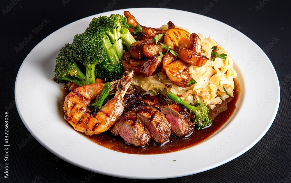 Grilled Steak and Shrimp Dinner with Mashed Potatoes and Broccoli Grilled Steak and Shrimp Dinner with Mashed Potatoes and Broccoli