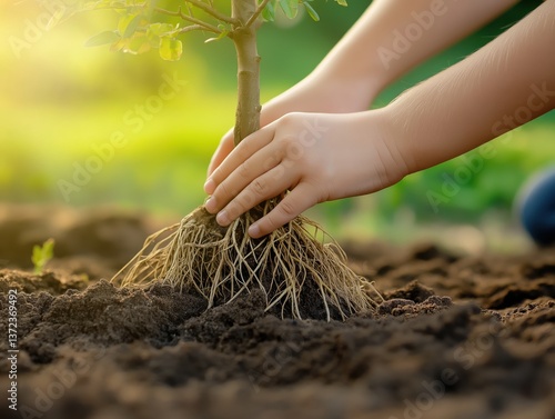 The roots of a sapling are exposed above a dug hole, ready for planting. A child's hand reaches gently toward them.