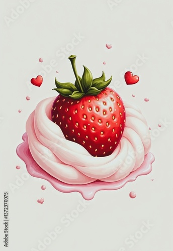 Strawberry and flowers on a cream cake, isolated on white