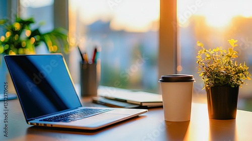 Desk setup with laptop coffee and plant for remote work productivity