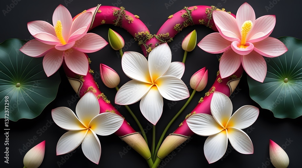 Fototapeta premium Heart-Shaped Floral Arrangement with Lotus and Plumeria