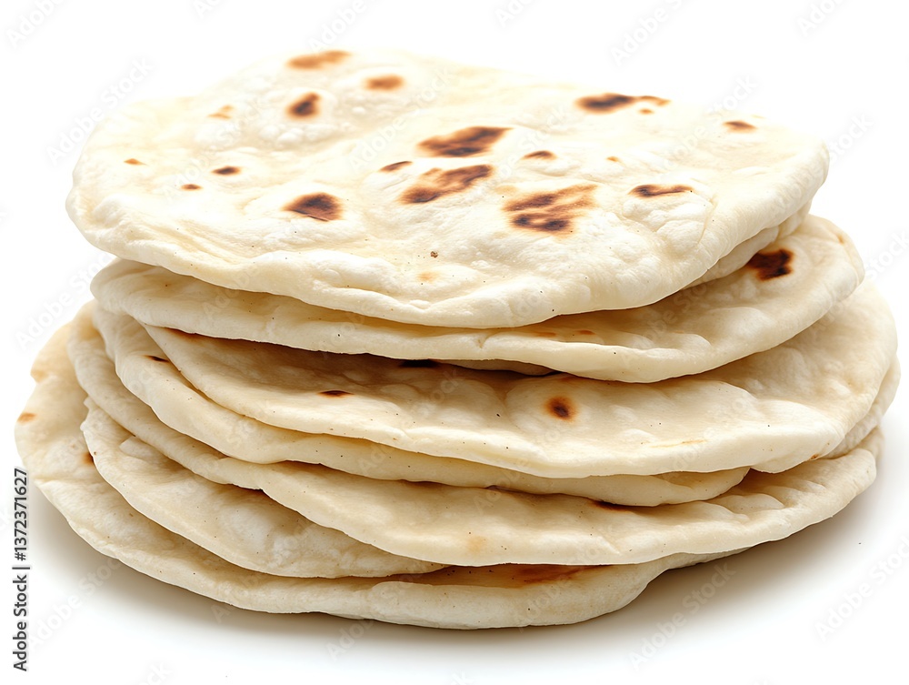 A stack of freshly baked flatbread tortillas isolated on white A stack of freshly baked flatbread tortillas isolated on white