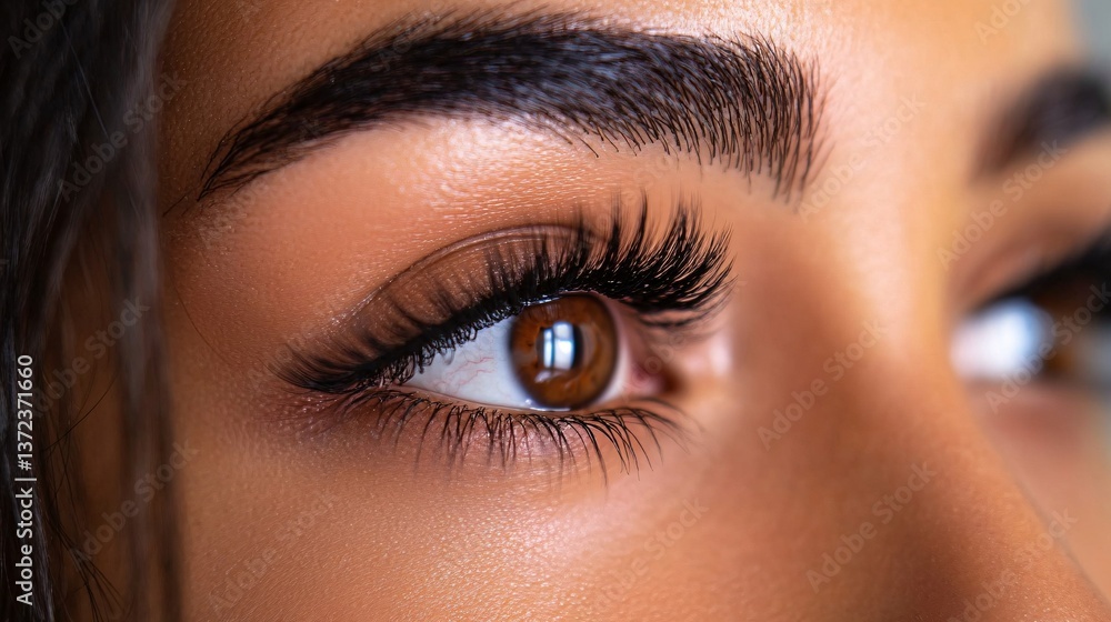Fototapeta premium Close up of beautiful woman's eye with long false eyelashes. Eyelash extension procedure.