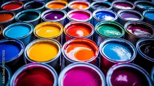An artistic display of paint cans in various colors for a creative setting. 
