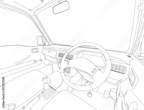 A car's interior with a steering wheel and a gear shift. The car is parked on a road