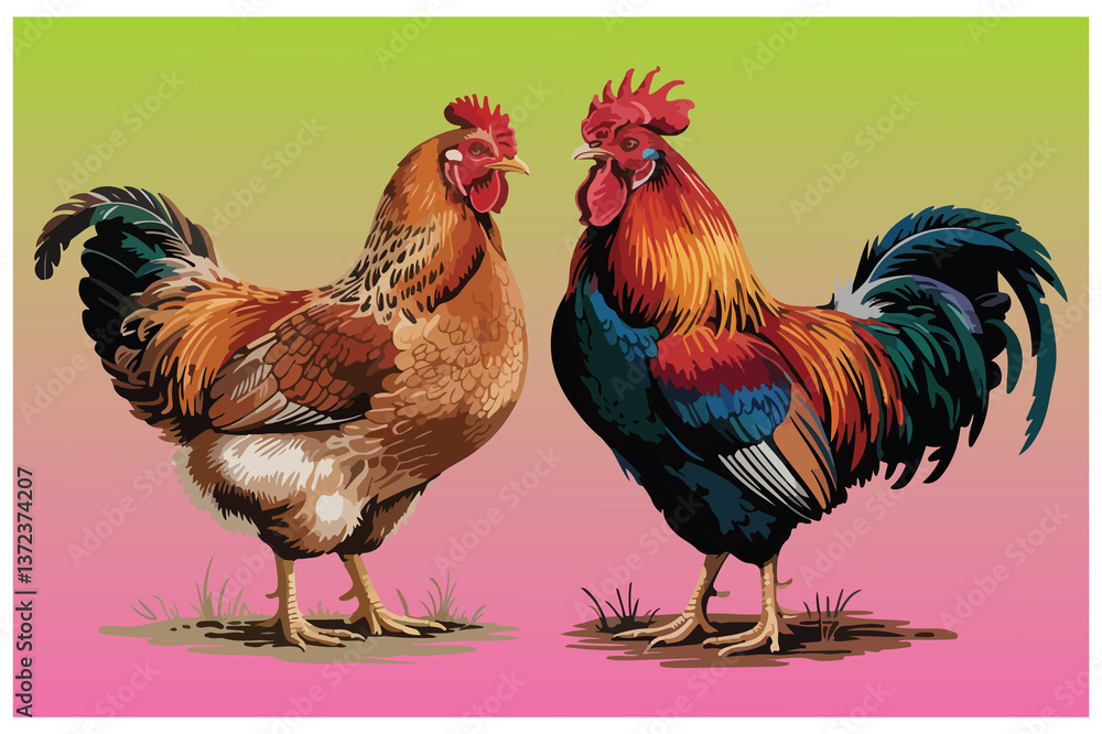 Fototapeta premium Rooster and Hen Picture. Vector Illustration or Icon