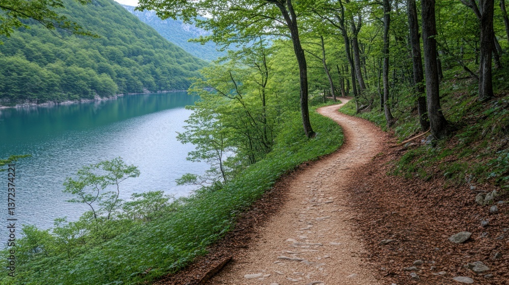 Fototapeta premium Peaceful walking trail beside a serene lake surrounded by lush green forest in the summer