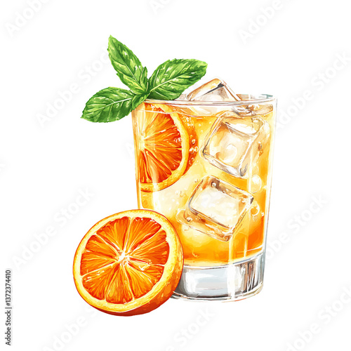 Orange fresh lemonade with ice in a glass. Carbonated drink, fruit drink, cold summer soft drink