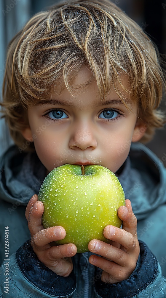 Child Eats Green Apple Outdoors Child Eats Green Apple Outdoors