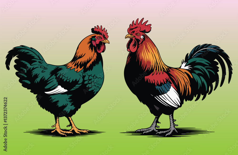 Fototapeta premium Rooster and Hen Picture. Vector Illustration or Icon
