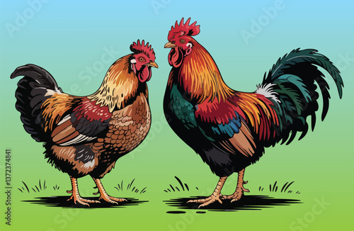 Rooster and Hen Picture. Vector Illustration or Icon