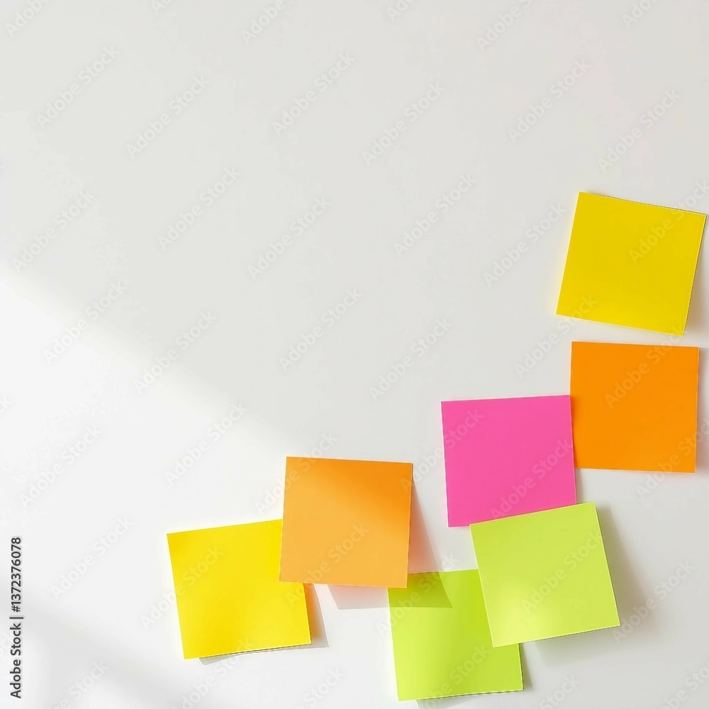 Fototapeta premium Bunte Haftnotizen auf weißem Hintergrund. Ideal für Notizen oder Erinnerungen. Platz für Text. Helle, fröhliche Farben.